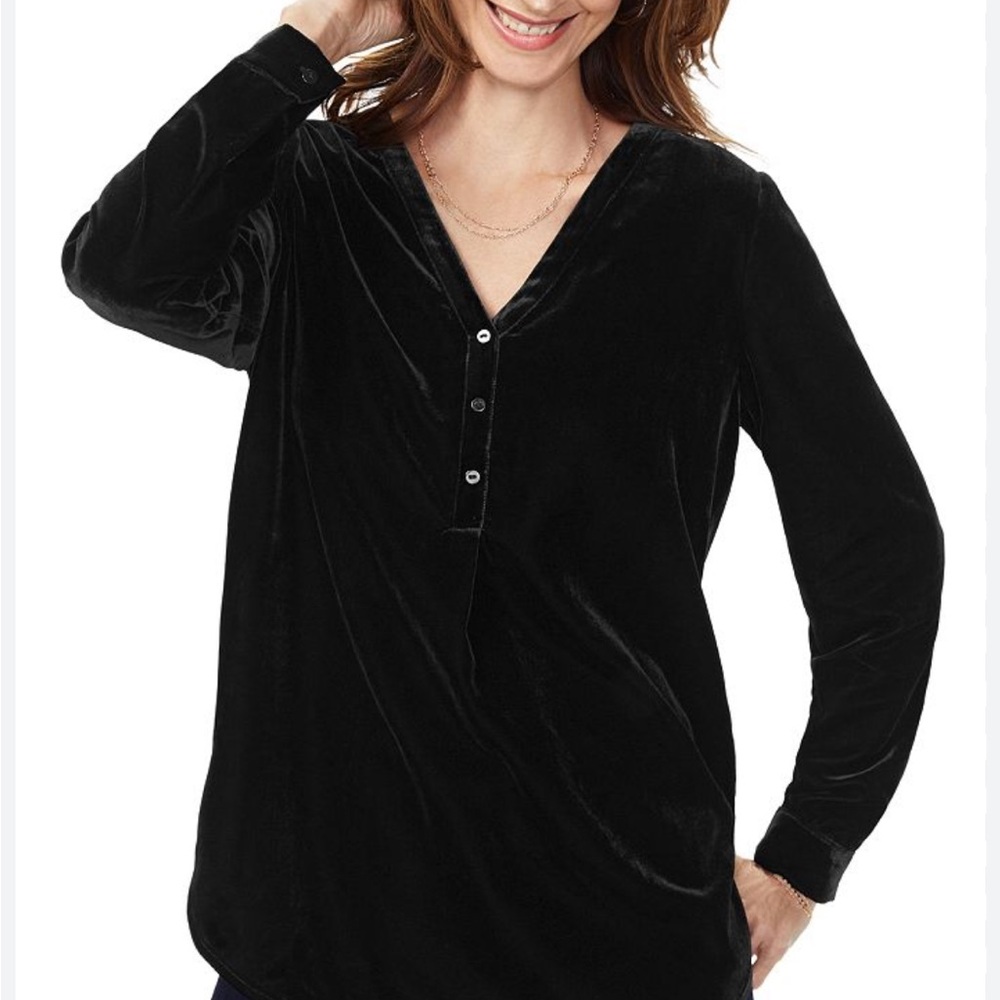 NYDJ Uptown Black Velvet Henley Tunic Womens Size M Long Sleeve V-Neck Popover